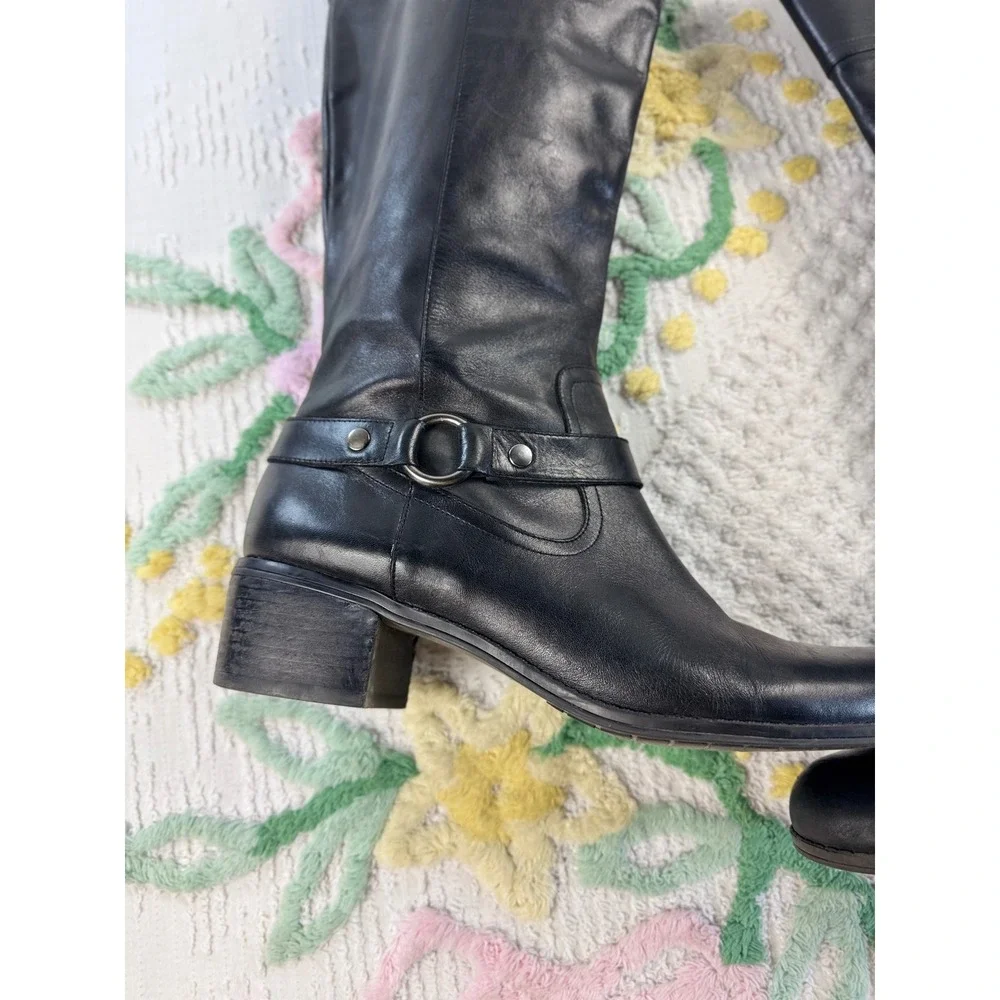 Bandolino BDCOPLIE Black Leather Tall Riding Boots Womens 10M Block Heel Harness